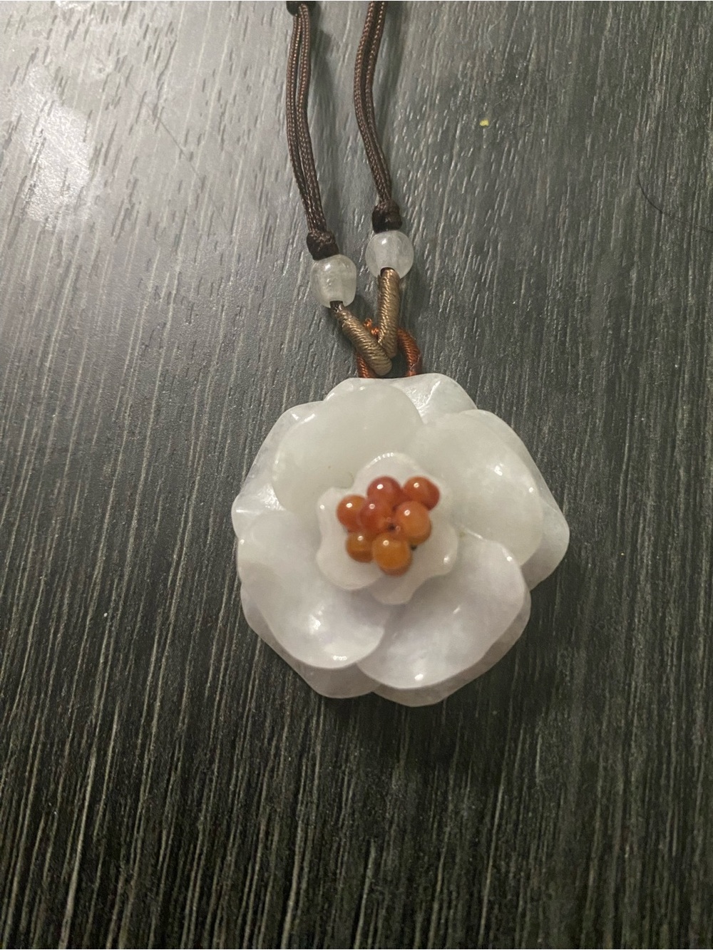 Handcrafted White Jade Flower Pendant Necklace with Amber Accents